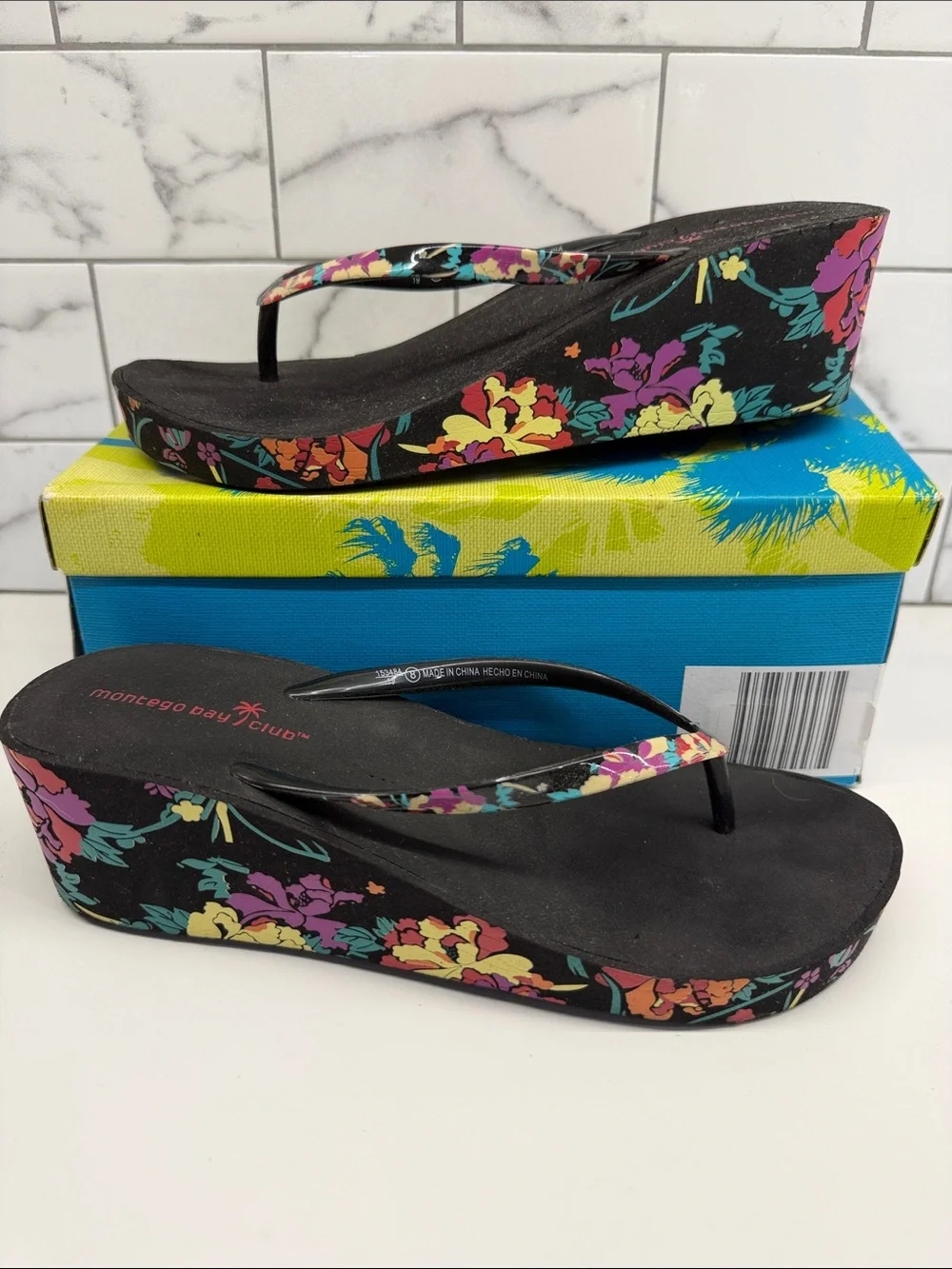 Montego Bay Club Black Wedge Flip Flops with Multicolor Floral Print
